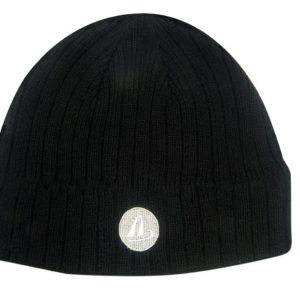 A black cable knit roll down beanie featuring a logo. The beanie has a textured design for warmth.