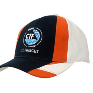 A navy, white, and orange cap featuring a logo and embroidered lines on the peak.