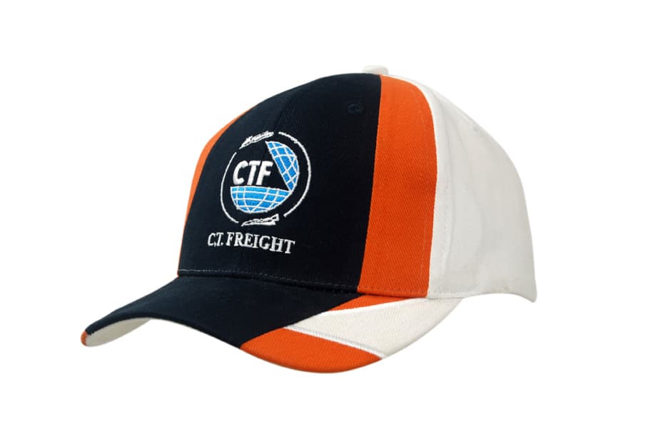 A navy, white, and orange cap featuring a logo and embroidered lines on the peak.