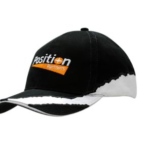 A black cap with white sandwich trim, featuring an embroidered logo on the crown and peak.
