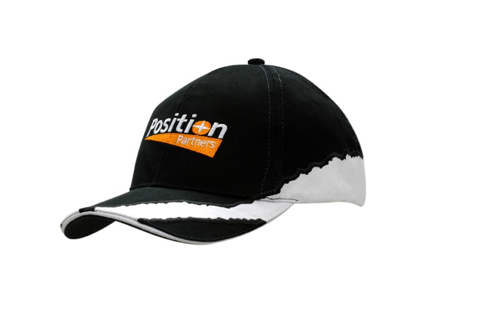 A black cap with white sandwich trim, featuring an embroidered logo on the crown and peak.