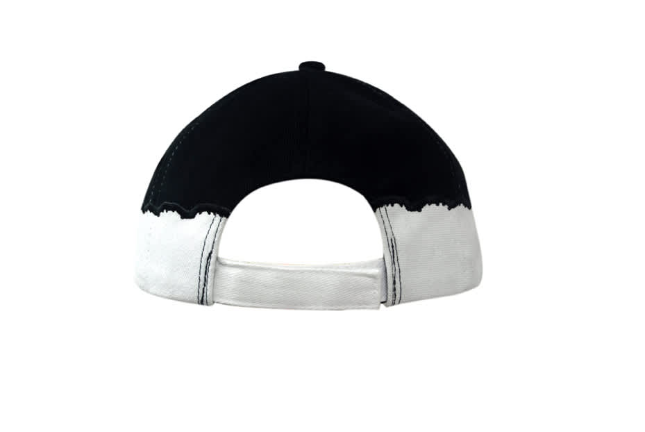 A black and white cap featuring a sandwich trim, with a logo on the back and a distinct design.