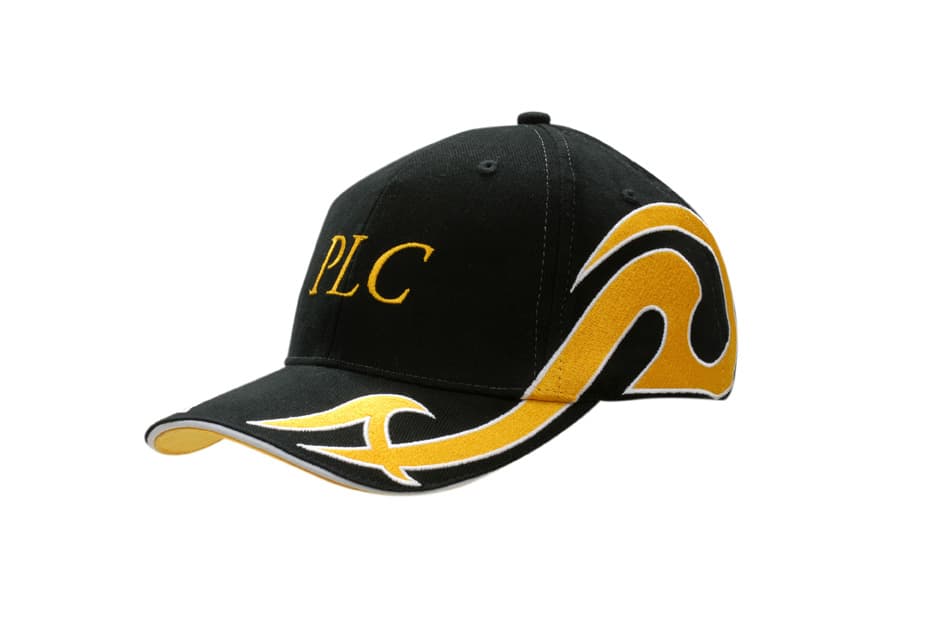 A black cap with a yellow sandwich trim and an embroidered design on the crown and peak, featuring a logo.