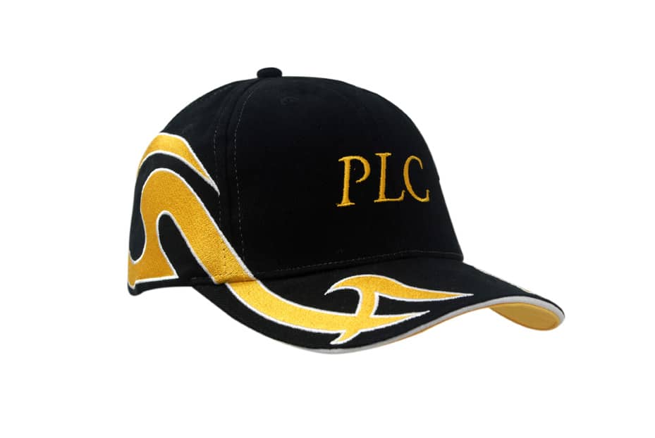 A black cap with a distinctive yellow design, featuring an embroidered logo on the crown and peak.