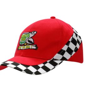 A red cap with printed check inserts on the crown and peak and a logo on the front.