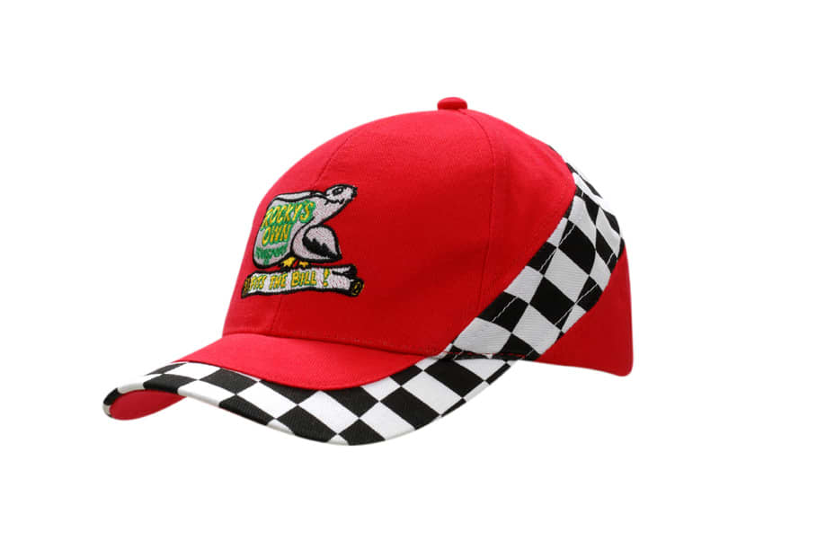 A red cap with printed check inserts on the crown and peak and a logo on the front.