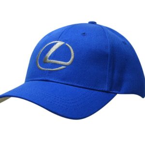 A blue cap with a contrasting peak under and a logo on the front.