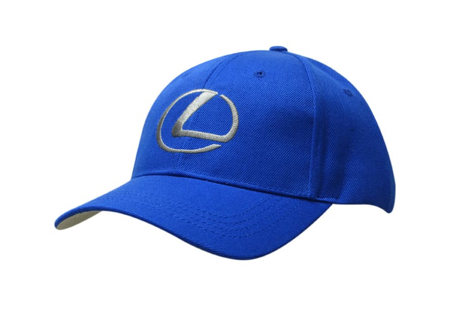 A blue cap with a contrasting peak under and a logo on the front.