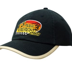 A black washed chino twill cap with peak trim and an embroidered logo on the front.