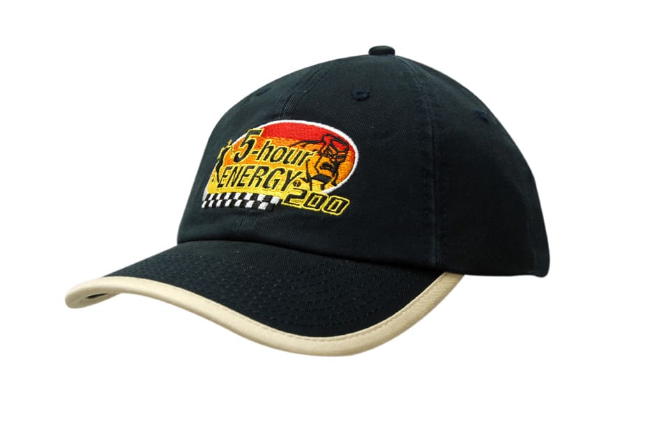 A black washed chino twill cap with peak trim and an embroidered logo on the front.