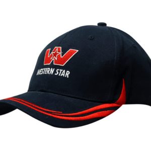 A navy blue cap featuring red embroidery and a logo, designed with a crown and peak style.