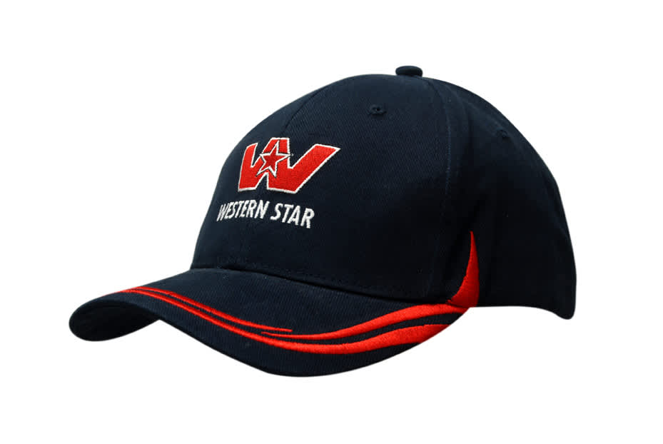A navy blue cap featuring red embroidery and a logo, designed with a crown and peak style.