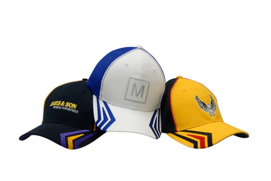 Three caps displayed: a black cap with purple accents, a grey and blue cap with a logo, and a yellow cap with black stripes.