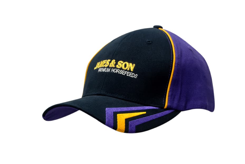 A black and purple cap featuring crown piping and peak embroidery, with a logo on the front.