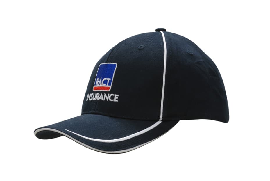 A navy cap featuring embroidered lines on the peak and piping on the crown, with a logo present.