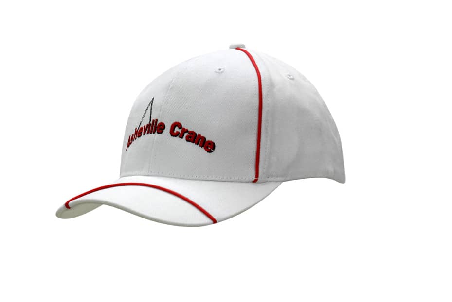 A white cap with red piping on the crown and peak, featuring a logo on the front.