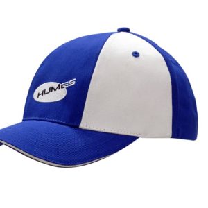 A blue and white cap with a structured design and a logo on the front. Suitable for headwear promotion.