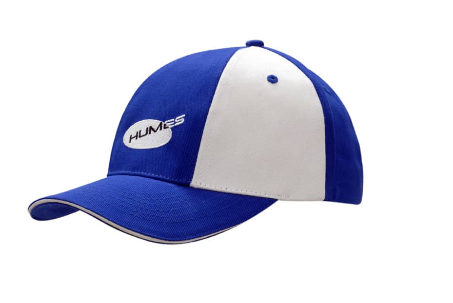 A blue and white cap with a structured design and a logo on the front. Suitable for headwear promotion.