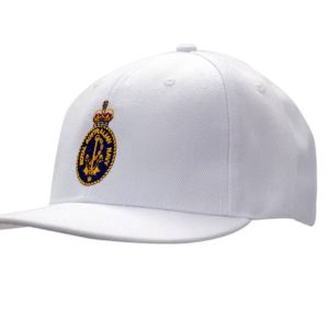 A fitted white cap with a flat peak and a logo on the front.