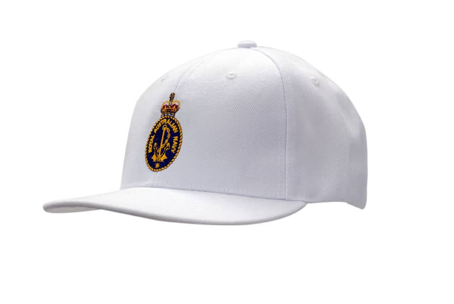 A fitted white cap with a flat peak and a logo on the front.