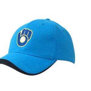 A blue brushed heavy cotton cap featuring a logo, with a peak indent and contrasting black trim.