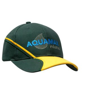 A green and yellow cap featuring peak embroidery and a logo.