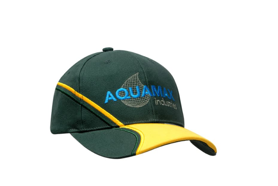 A green and yellow cap featuring peak embroidery and a logo.
