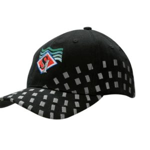 A black cap featuring embroidered squares on the crown and peak, with a logo present.