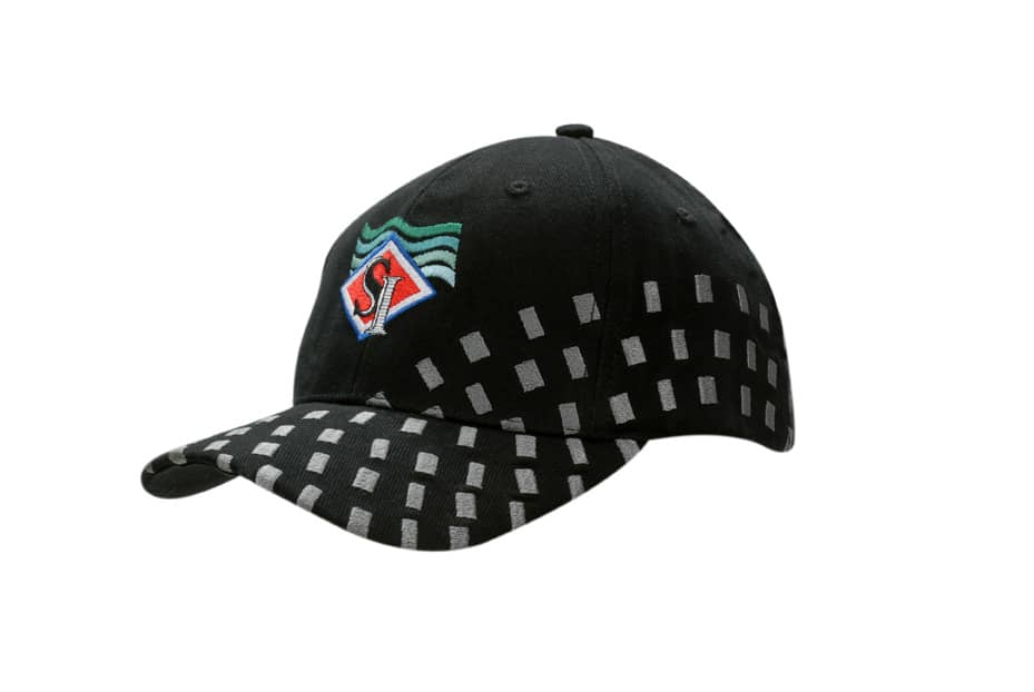 A black cap featuring embroidered squares on the crown and peak, with a logo present.