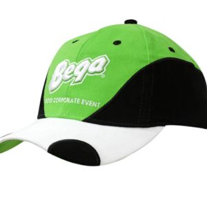 A green and black cap with fabric inserts on the crown and peak, featuring a logo on the front.