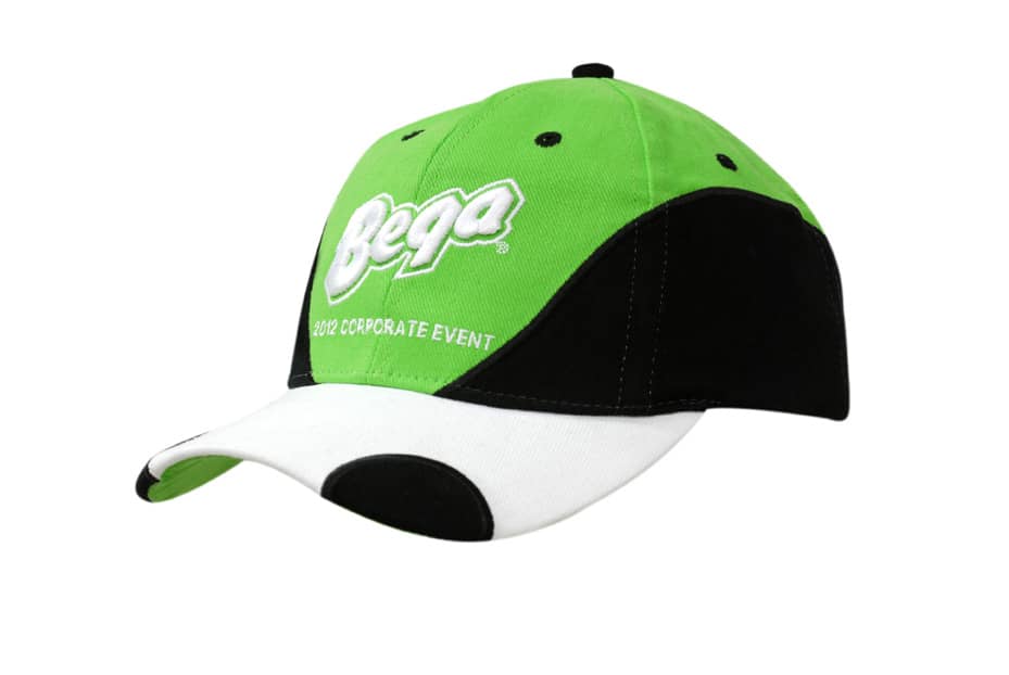 A green and black cap with fabric inserts on the crown and peak, featuring a logo on the front.