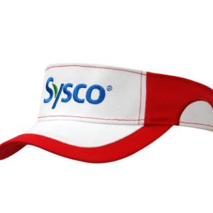 A red and white cotton visor featuring a branded logo on the front. The visor has a peak indent design.