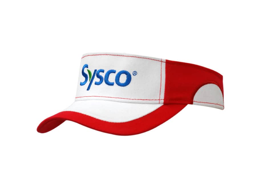 A red and white cotton visor featuring a branded logo on the front. The visor has a peak indent design.