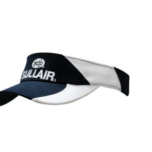 Brushed heavy cotton visor in navy and white, featuring embroidery on the crown and peak, and a logo.