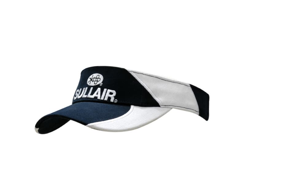 Brushed heavy cotton visor in navy and white, featuring embroidery on the crown and peak, and a logo.
