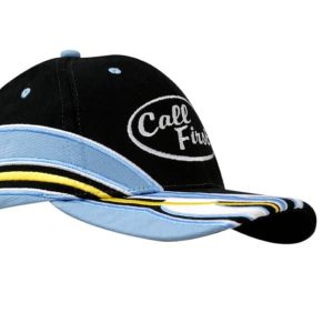 A black and light blue cap with embroidered detailing and a logo on the front. Features a curved peak.