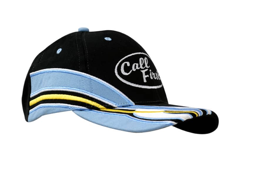 A black and light blue cap with embroidered detailing and a logo on the front. Features a curved peak.