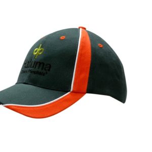 A green and orange cap featuring fabric inserts and piping, with a logo on the front.
