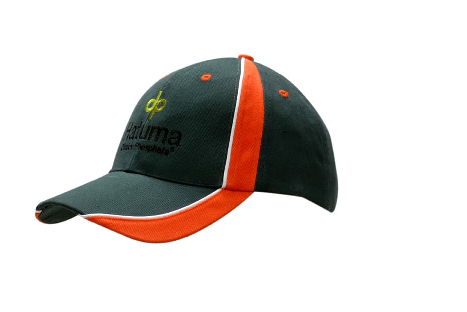 A green and orange cap featuring fabric inserts and piping, with a logo on the front.