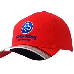 A red cotton cap featuring a peak insert, embroidery, and a logo.