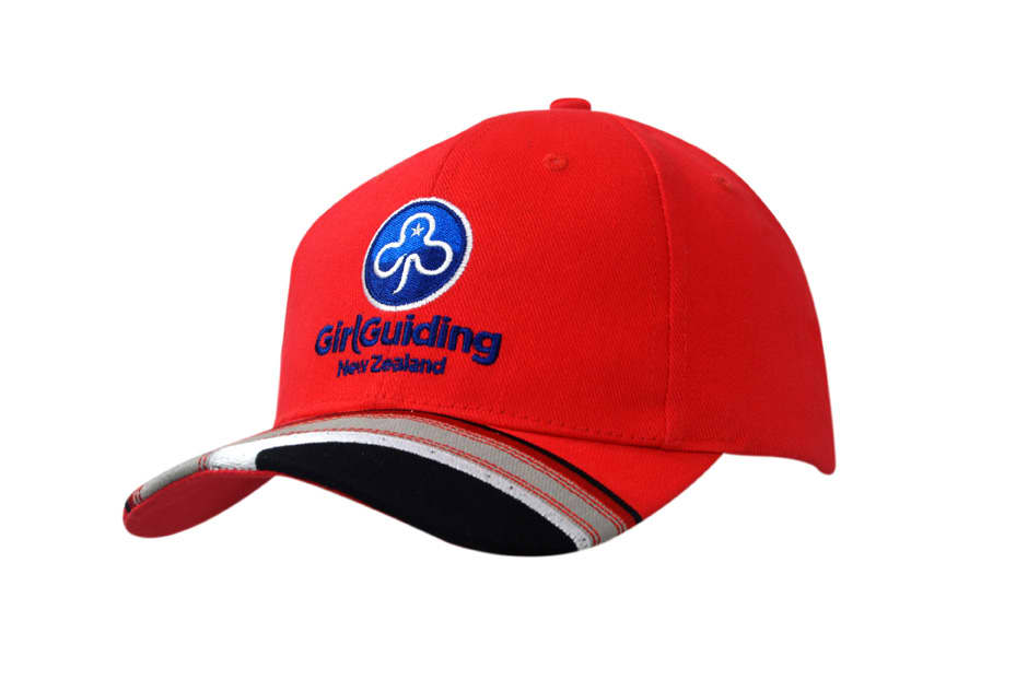 A red cotton cap featuring a peak insert, embroidery, and a logo.