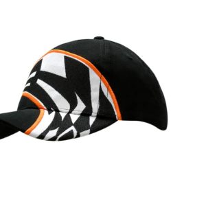 A black cap featuring a bold geometric design in white and orange. It has an embroidered logo on the front.