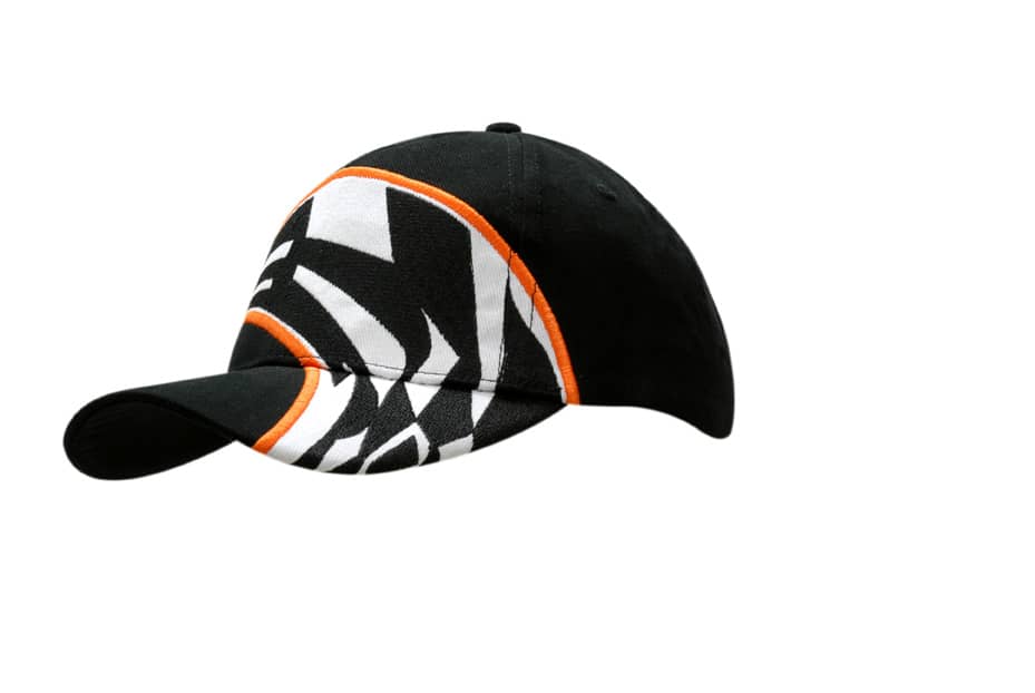 A black cap featuring a bold geometric design in white and orange. It has an embroidered logo on the front.