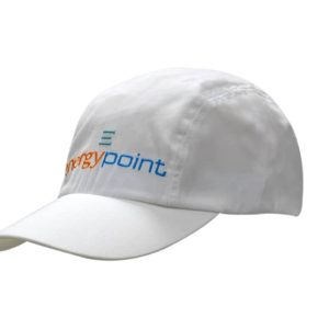 A white cap made of brushed regular cotton and spandex, featuring a logo on the front.