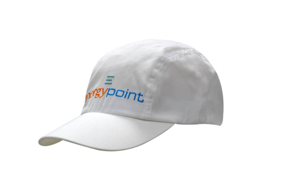 A white cap made of brushed regular cotton and spandex, featuring a logo on the front.