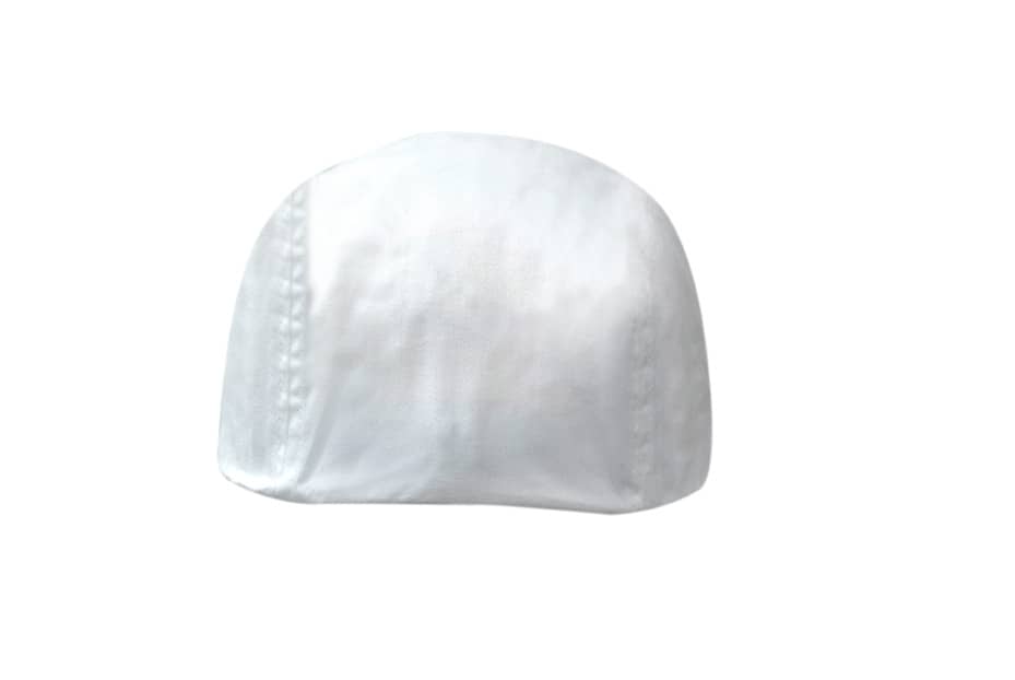 A white brushed regular cotton and spandex cap with a smooth texture and a logo.