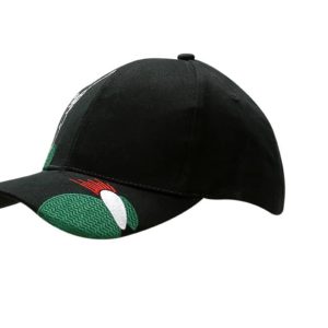 A black brushed heavy cotton cap featuring a golf design on the crown and peak, with a logo on the side.