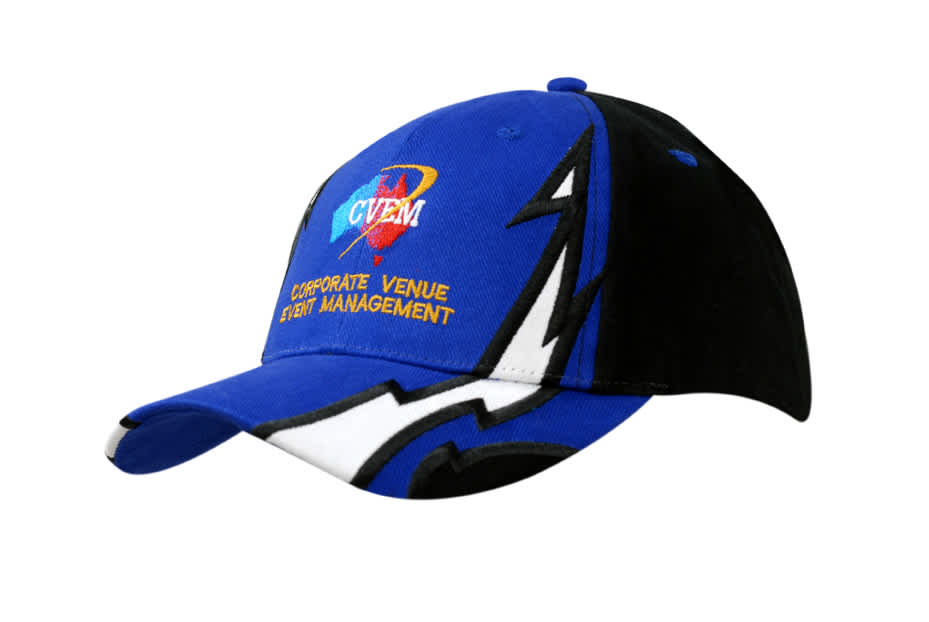 A blue and black cap featuring a lightning design on the crown and peak, with a logo on the front.