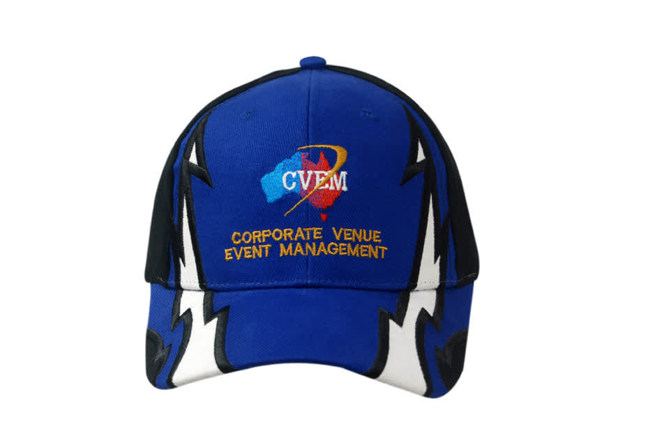 A blue cap featuring a lightning design on the crown and peak, with black trim and an embroidered logo.