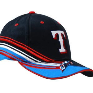 A navy cap with fabric inserts, featuring a white letter and storm embroidery on the crown and peak, plus additional colours.